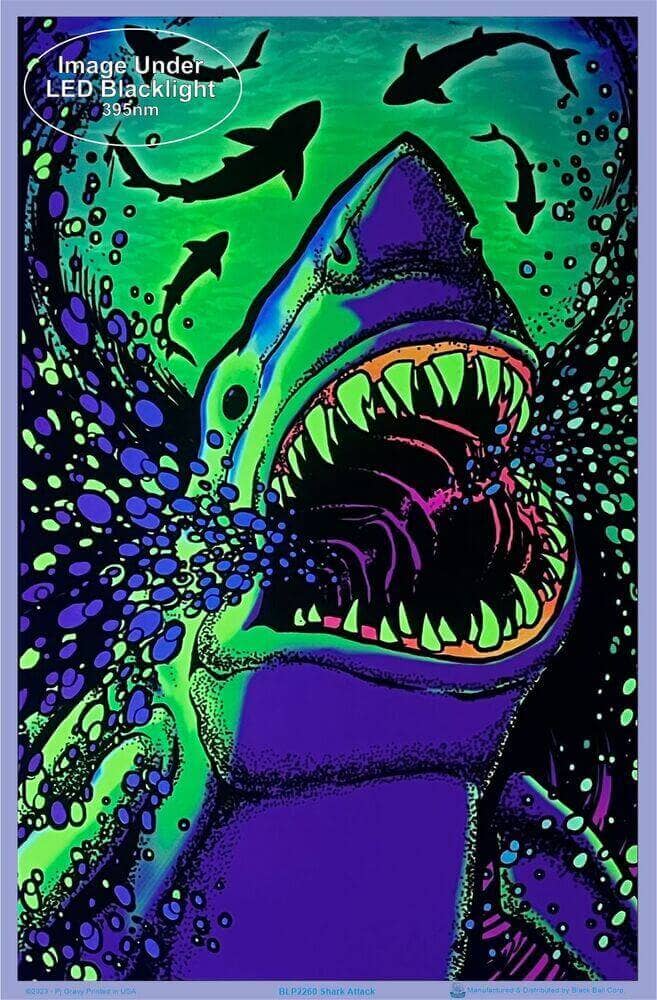 Shark Attack Blacklight Poster - 23" x 35": Shrinkwrapped on Cardboard